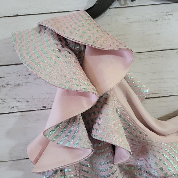 Blush Pink & Silver Metallic One Shoulder Dress w Cascading Ruffle Prom Dress - Picture 5 of 13